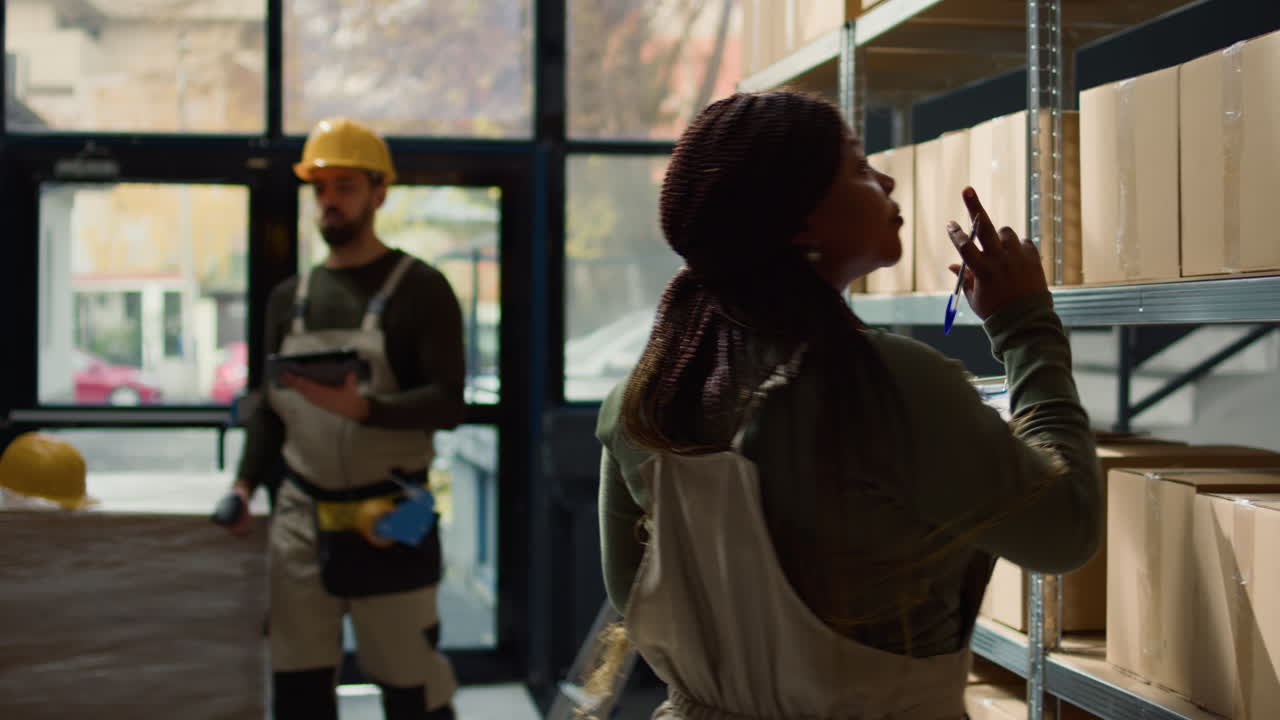 Woman inspecting boxes in warehouse