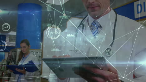 animation of network of connections with data processing over caucasian male doctor in hospital