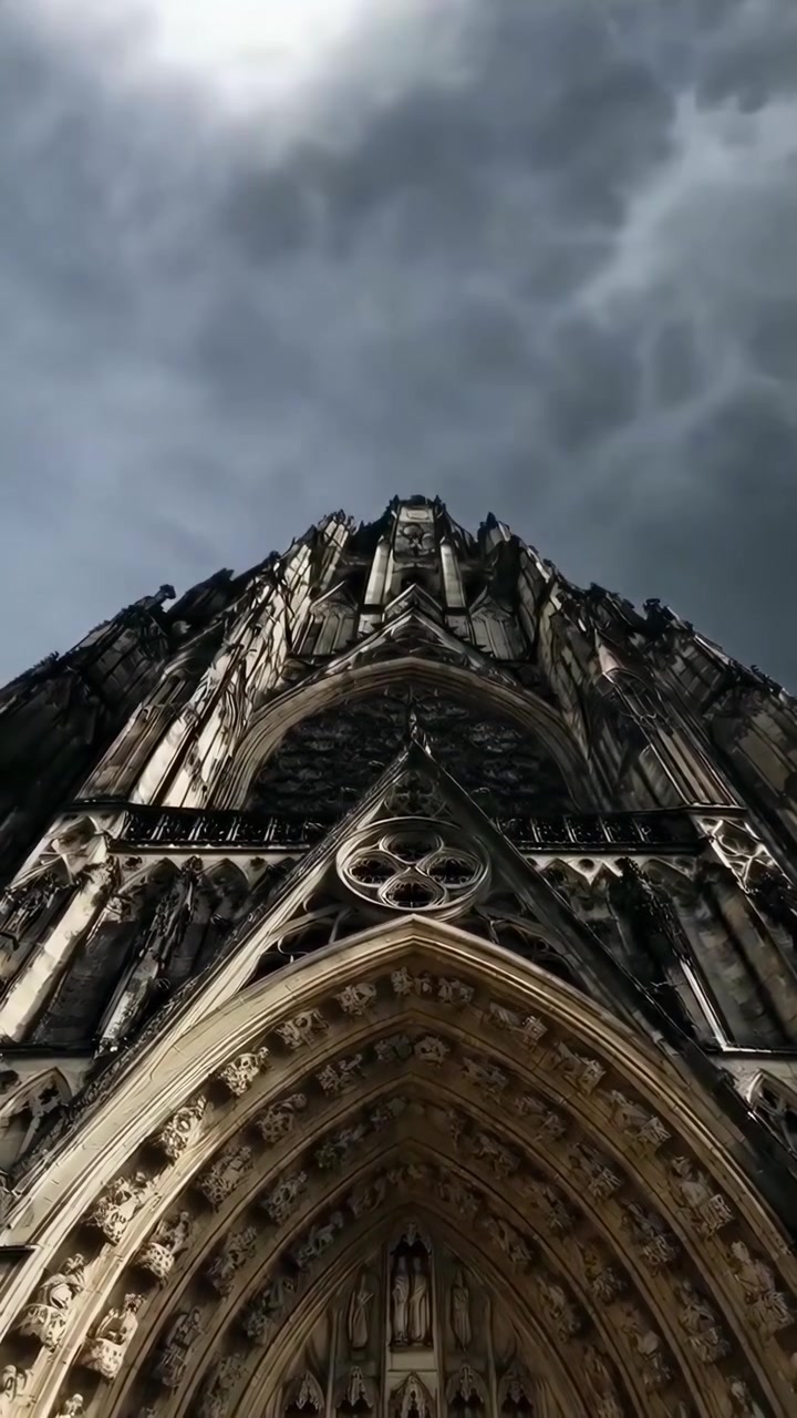Maestosa facciata di cattedrale gotica con nuvole drammatiche in time-lapse