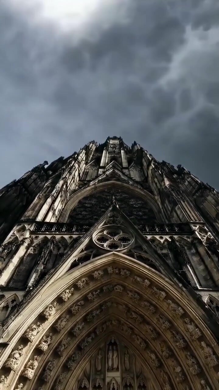 Majestætisk gotisk katedralfacade med dramatiske time-lapse skyer