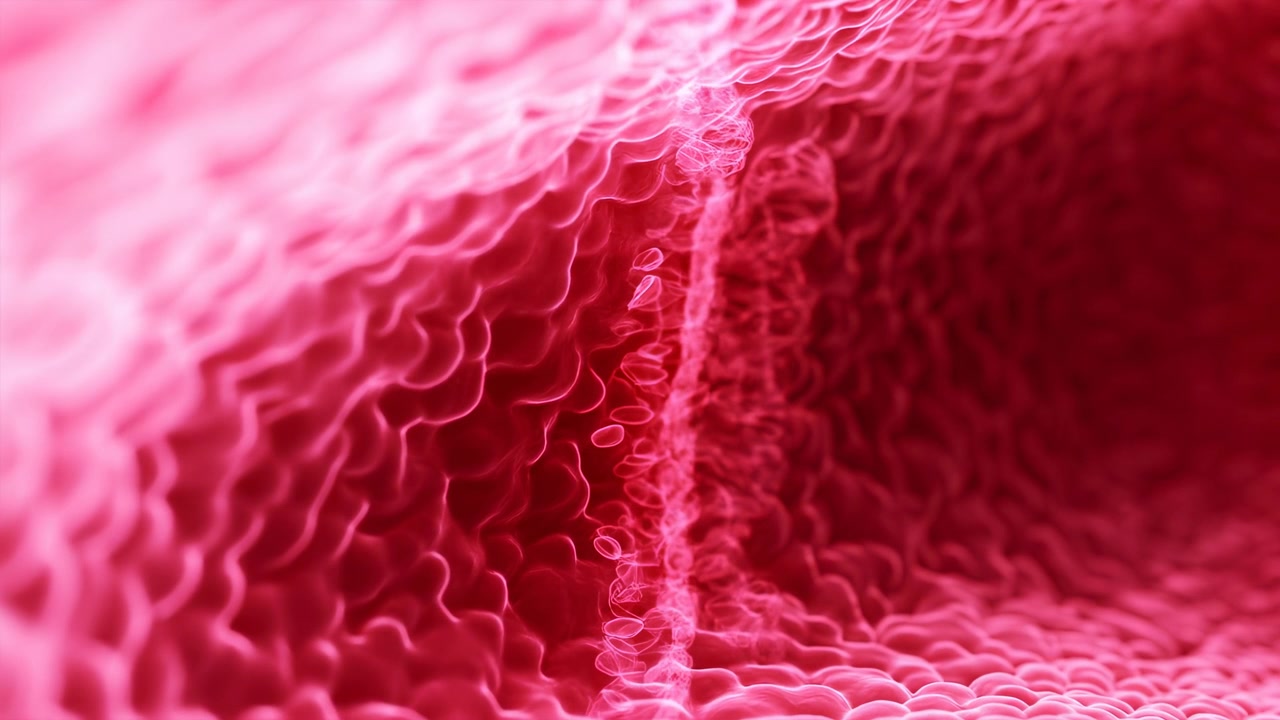 Movimento in primissimo piano che mostra creste organiche stratificate che passano da increspature rosa pallido a cremisi saturo, mentre il cambio di messa a fuoco rivela riflessi lucidi, una profondità morbida e una superficie fluida.