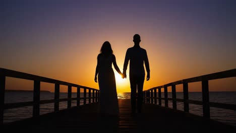 a romantic silhouette of a couple holding hands on a pier at sunset, capturing the essence of love and togetherness against a colorful horizon