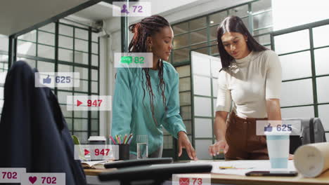 animation of changing numbers and icons in notification bars, female coworkers sharing ideas