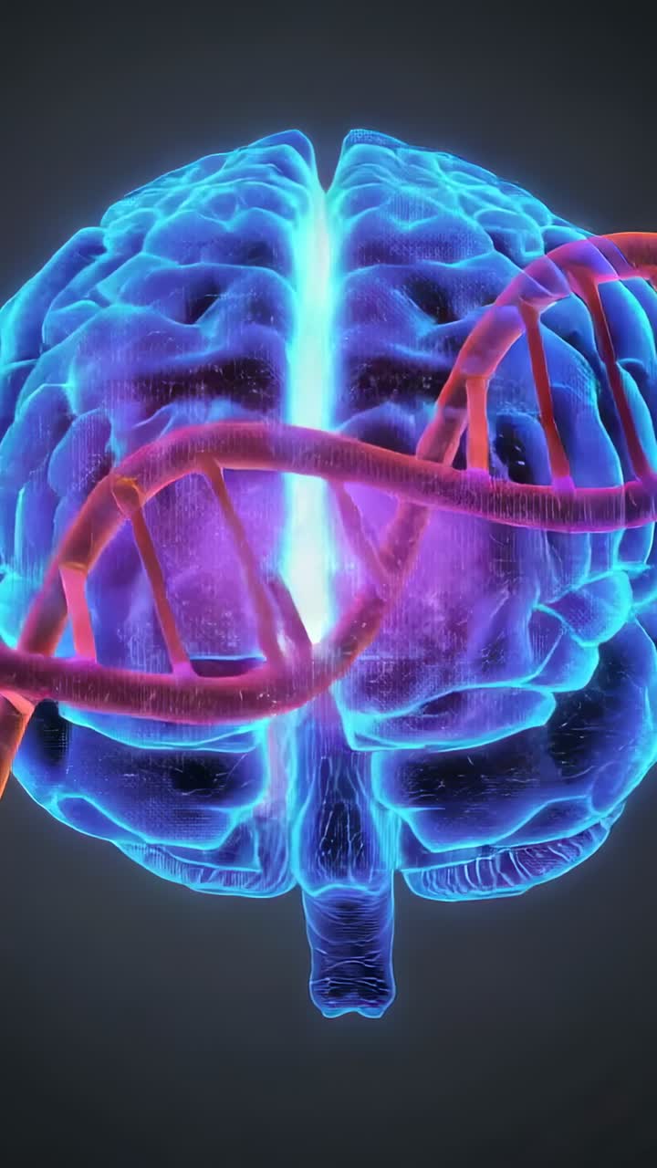Vertical video: Revealing neon-blue brain rotating in CGI, with red DNA helix wrapping core