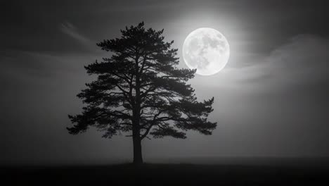 a majestic tree silhouetted against a full moon illuminated sky, capturing the tranquility of nature in a mystical night scene