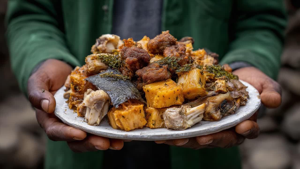 A Delightful Array of Savory Dishes: A Close-Up View of a Wholesome Plate Featuring Flavorful Meat and Root Vegetables, Perfect for Any Meal