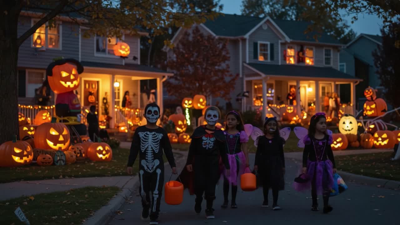 Children Trick-or-Treating in a Heavily Decorated Neighborhood on Halloween Night