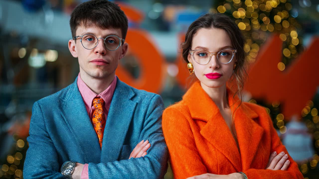 Stylish Young Couple Showcase Modern Fashion in Statement Outfits with Bold Colors and Intricate Details, Capturing the Essence of Contemporary Style and Sophistication