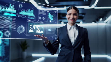 businesswoman presenting futuristic data visualization