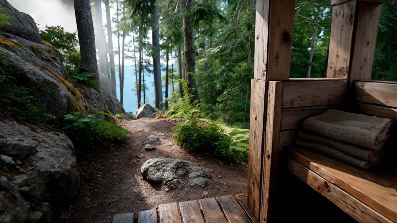 View from a rustic wooden shelter looking out at a lush forest path and distant water