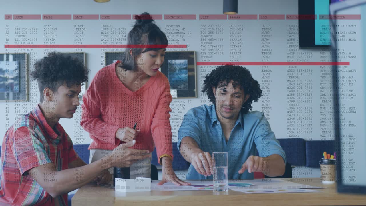 Man gesturing woman passing papers, team arranging business document review, red scan lines fading