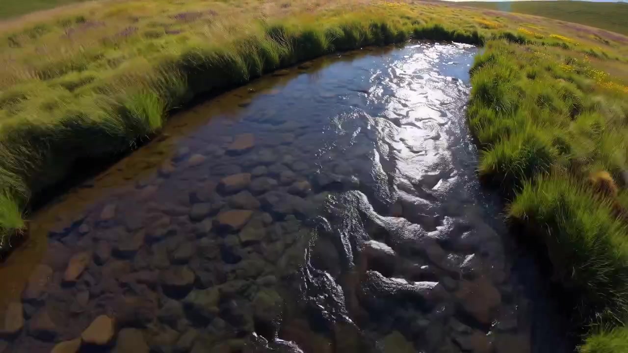 Flygvy över en klar bergsbäck som rinner genom gräsbevuxna ängar
