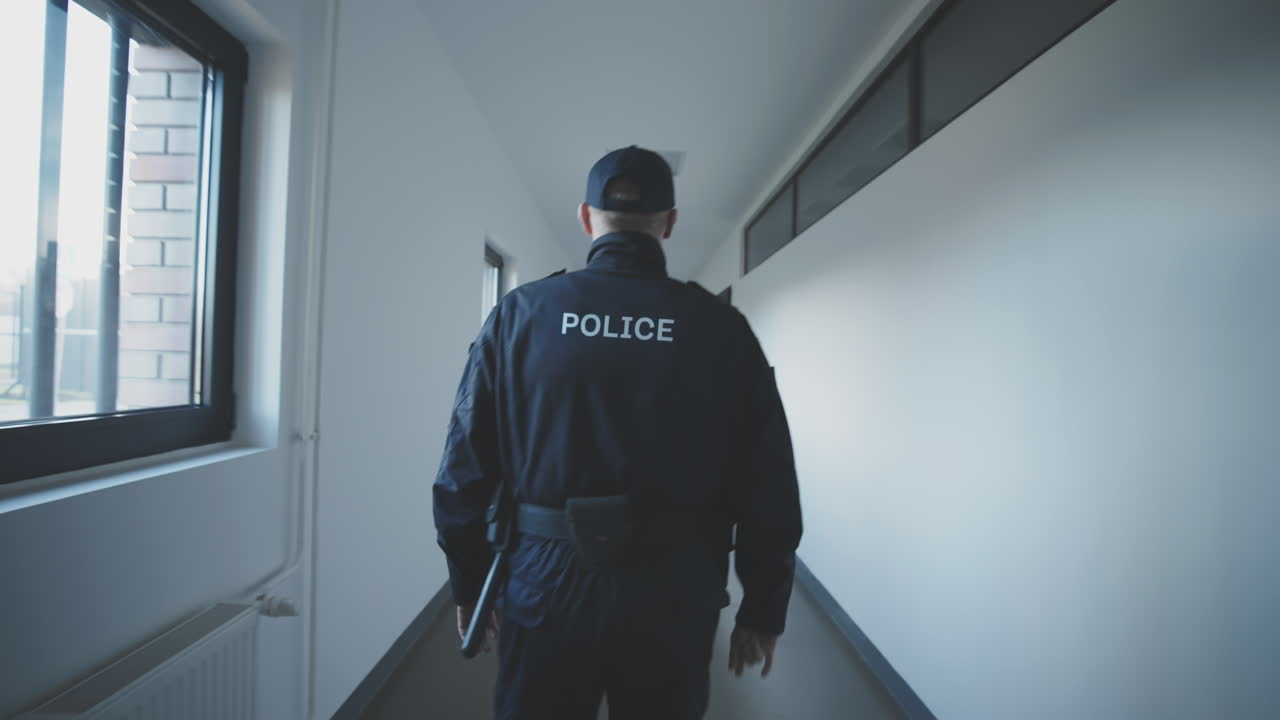 Police Officer in a Building Corridor