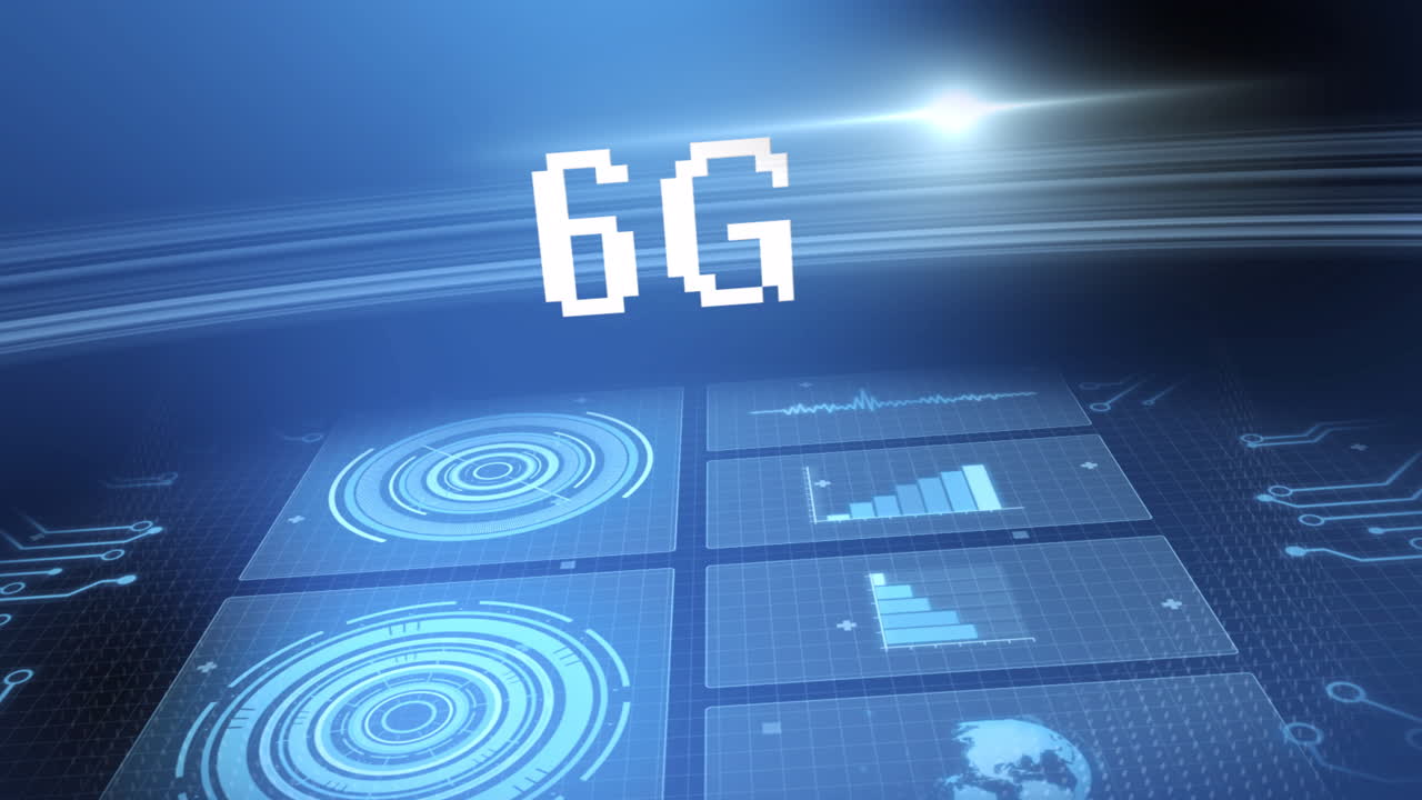 Animation of 6g text with scope scanning and data processing on screens over grid on blue background