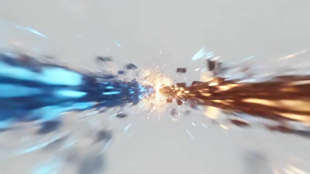 Sparking blue and orange energy beams rushing to core in gray void, impacting core, sending sparks