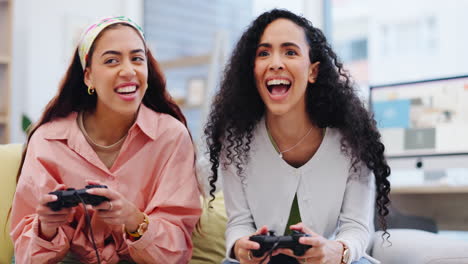 friends, video game and women playing to win