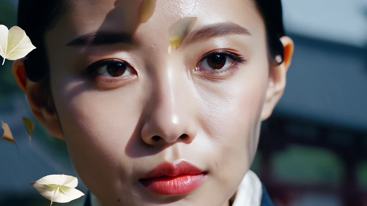 머리카락에 꽃잎을 가진 아름다운 아시아 여성