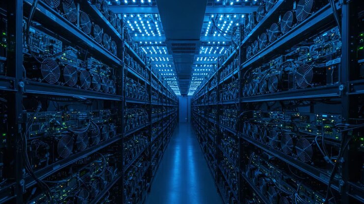 Un centro dati ad alta tecnologia con file di rack di server illuminati da luci LED blu, che dimostra il cuore dell'infrastruttura moderna di computing e gestione dei dati.