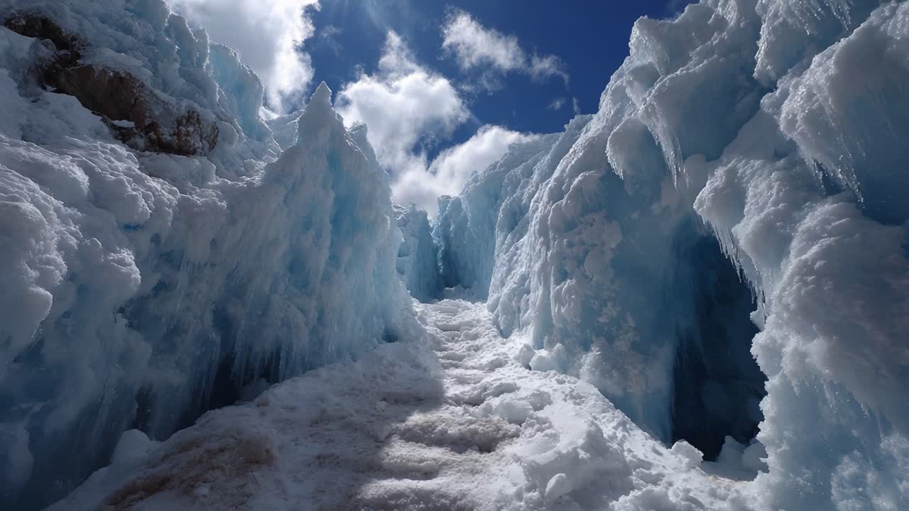 Breathtaking Glacial Pathway: A Majestic Journey Through Icy Blue Ice Formations Under a Bright Sky Illuminated by Sunlight