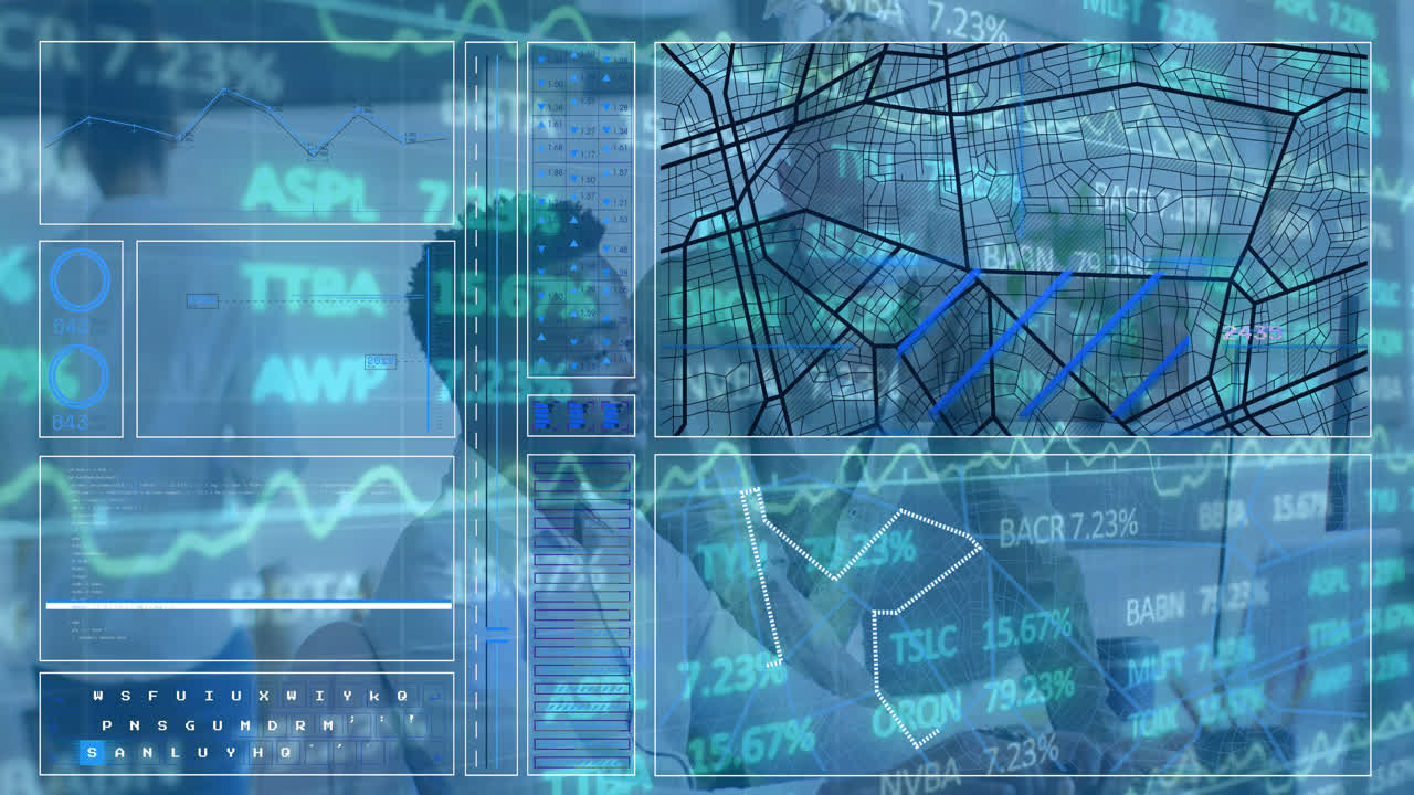 animación de la interfaz y el procesamiento de datos del mercado de valores contra diversos hombres que discuten en la oficina