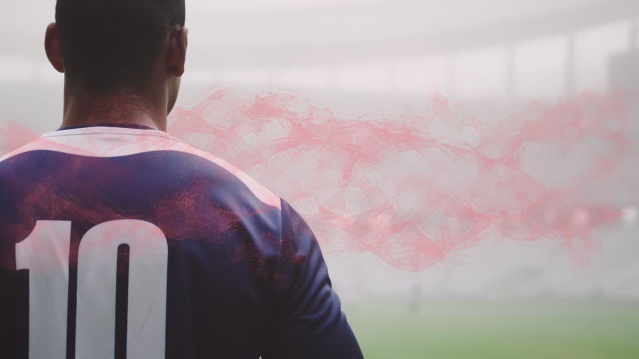 경기장에서 남성 럭비 선수 위에 연기가 아지는 애니메이션