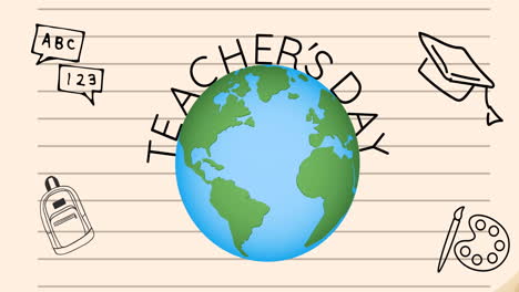 animation of happy teachers day text over school items icons and globe