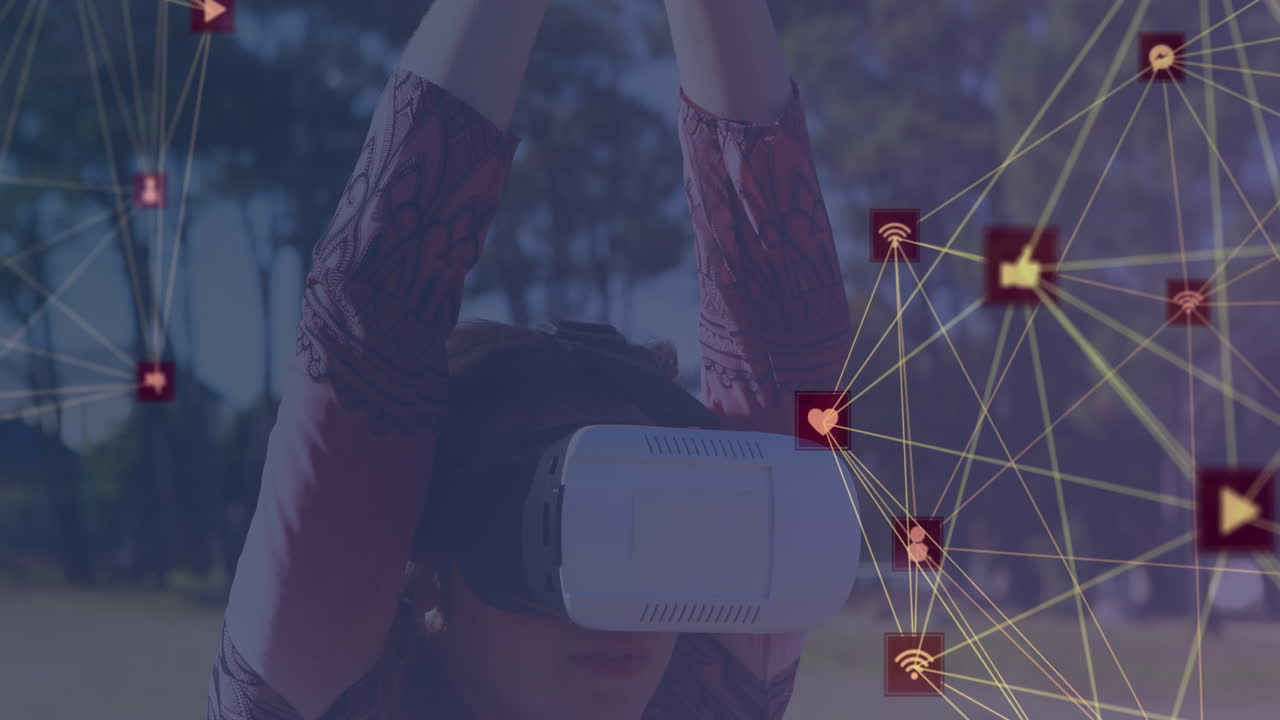 mundo de la red de conexiones contra la chica que usa auriculares vr practicando yoga