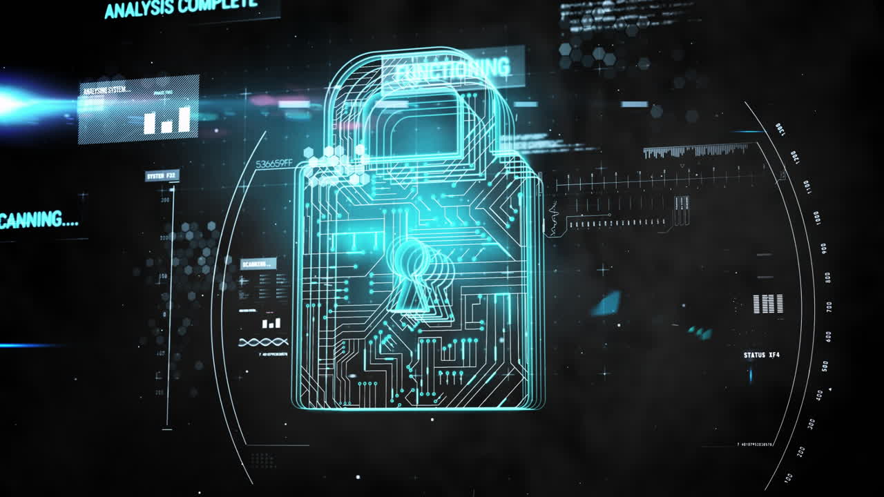 Animation of padlock icon with scope scanning and data processing on black background