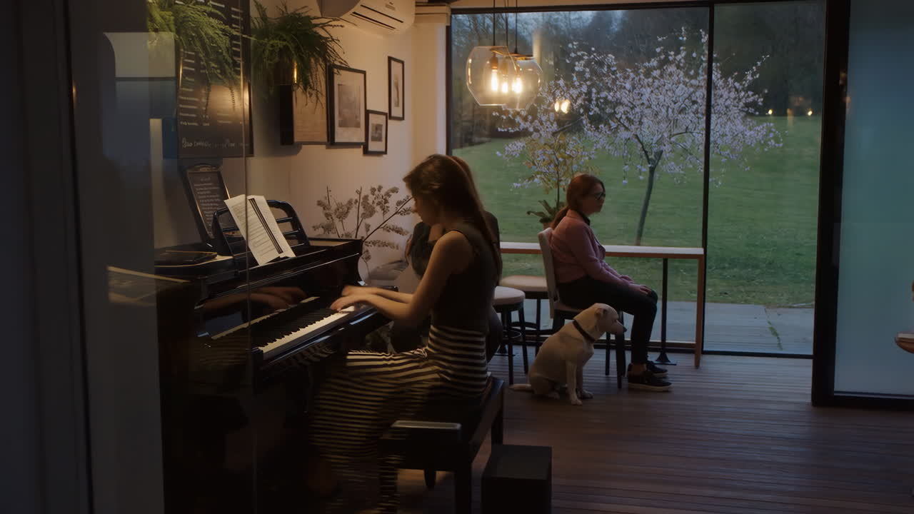Woman playing piano in a cozy cafe or home setting with a dog and another person, overlooking a garden at dusk