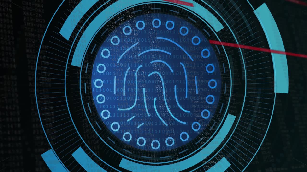 Faint glowing dots appearing triggers spiral forming HUD rings, scanning fingerprint with red beam
