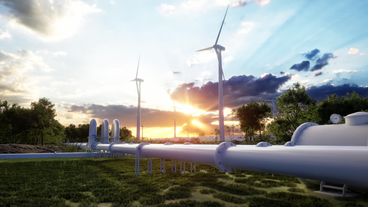 수소 파이프라인과 풍력 터빈, 광전지 패널은 깨한 에너지 생산을 향상시니다.