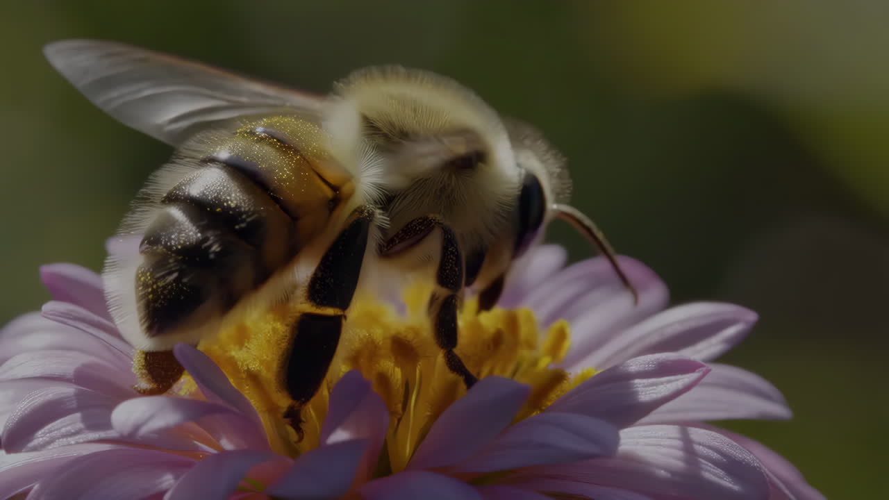 Close-up of a bee collecting pollen from a pink flower