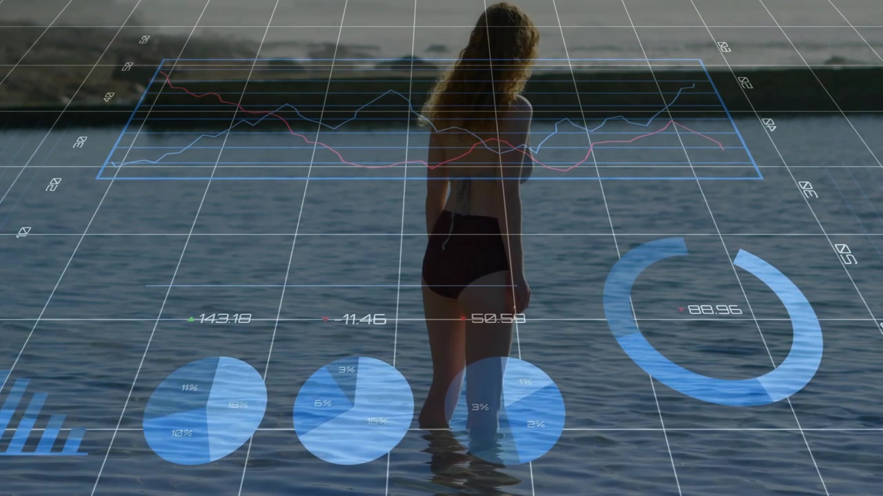 woman wading and pausing while gazing breakwater activating holo chart grid animating in tech demo