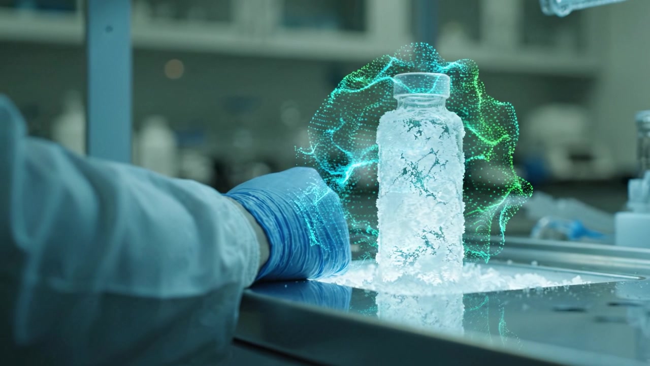 A laboratory scene displays a bottle surrounded by a blue energy aura, highlighting scientific discovery and innovation in a futuristic setting.