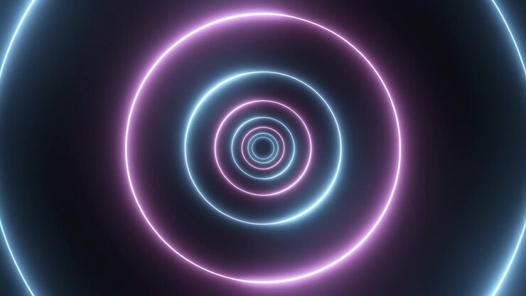 Túnel Abstrato de Círculos Luminosos em Rosa Neon e Azul