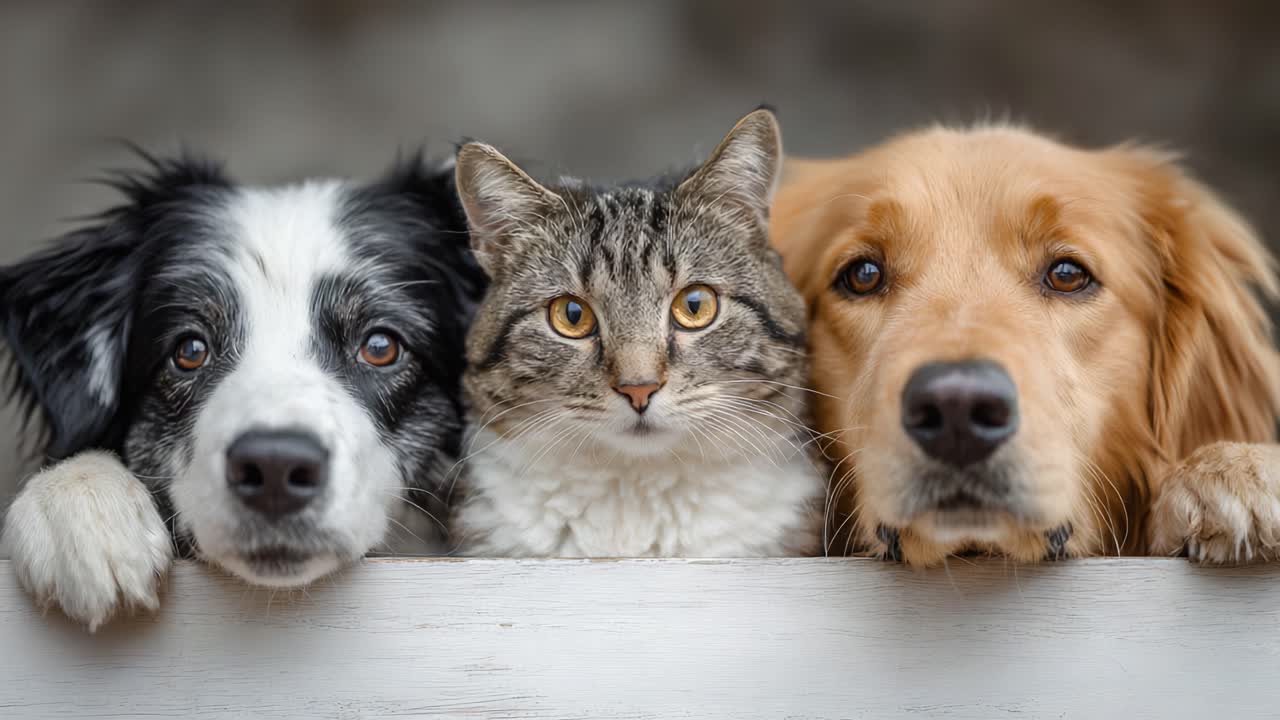 A Heartwarming Trio: A Black and White Dog, a Tabby Cat, and a Golden Retriever Resting Together, Showcasing an Endearing Bond of Friendship and Trust
