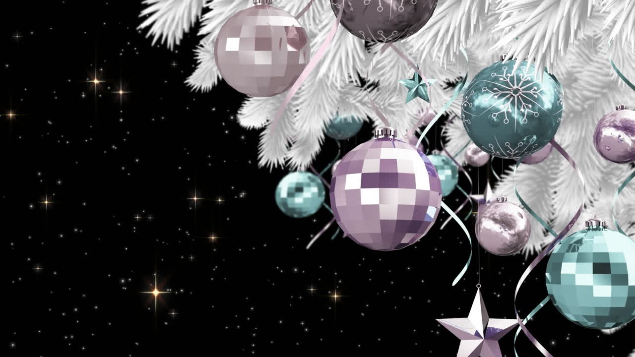 animación de ramas de abetos con decoración sobre la nieve que cae