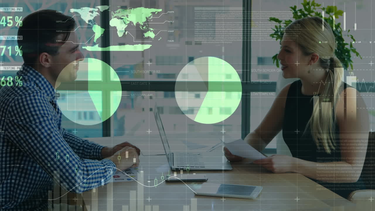 Animation of statistical data processing over caucasian man and woman shaking hands at office