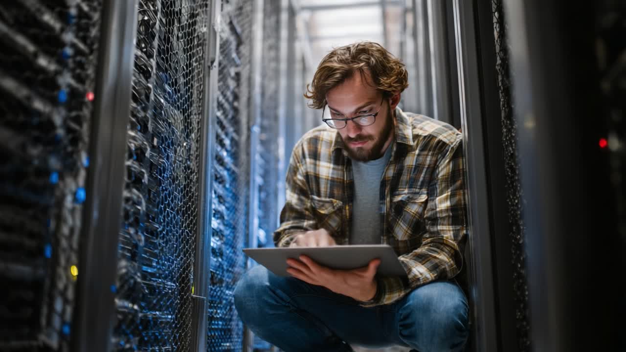 A focused technician in a data center reviews information on a tablet, surrounded by rows of servers, demonstrating commitment to technology and maintenance
