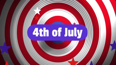 animation of 4th july text, independence day, over rings and stars in american flag colours