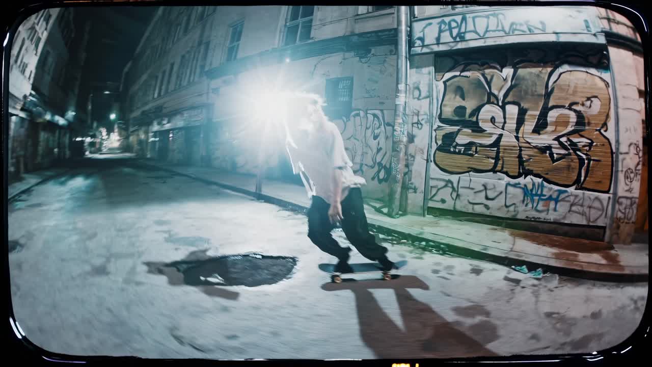 Young masked skateboarder is riding his skateboard in a dark urban street at night, surrounded by graffiti and buildings, creating a sense of mystery and urban adventure