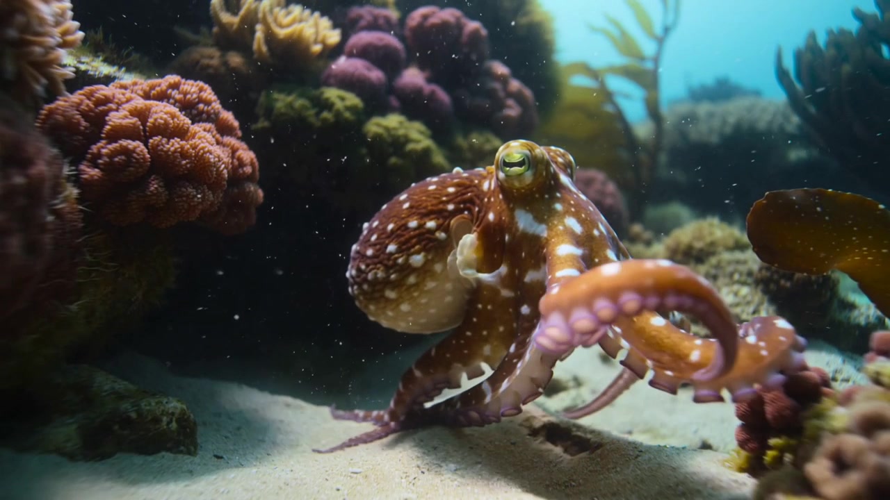 Manto che si solleva dando il via a un polpo che estende i tentacoli e sonda la sabbia della barriera corallina poco profonda, in cerca di cibo.