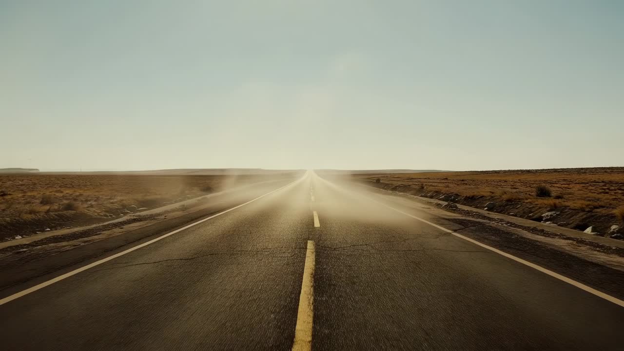 Blowing gusty winds lifting dust across two-lane highway from dry soil, dashed centerline visible
