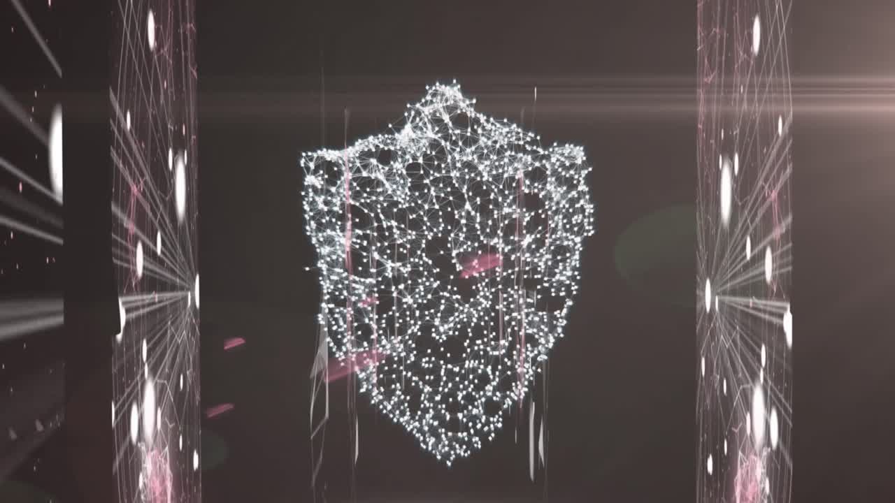 빛나는 화면 위에 방패 기호를 형성하는 연결 네트워크의 애니메이션 데이터 처리