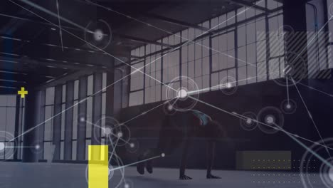 animation of data processing over african american woman exercising