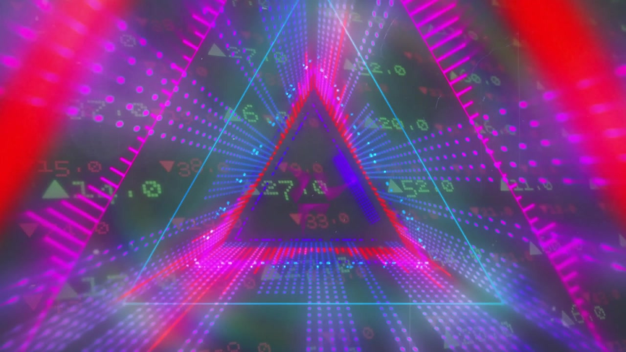 Magenta and red rays converging into triangle, icons swirling around neon triangle visualizing data