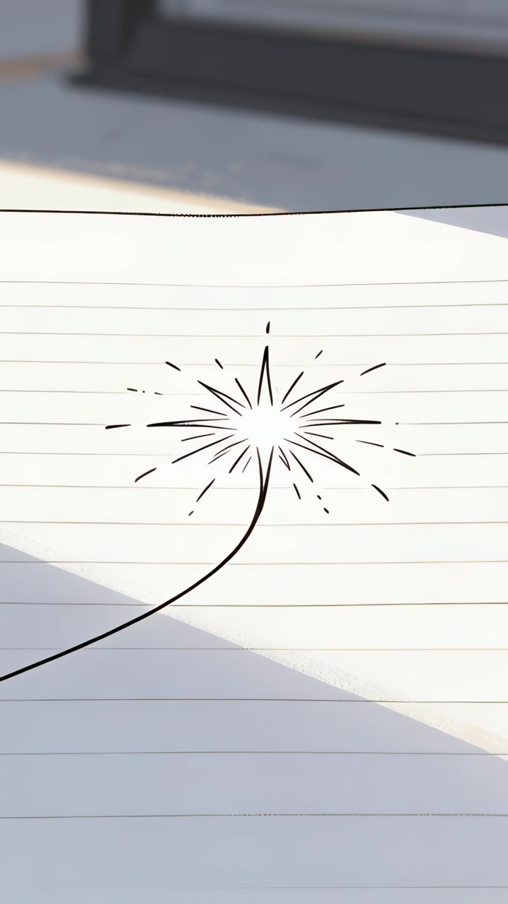 Video verticale: Mostrando uno scarabocchio di inchiostro nero che pulsa su una pagina a righe vicino al davanzale, con inchiostro e luce che si sposta.