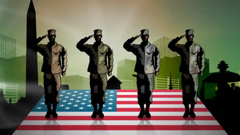 animation of american flag and four soldiers saluting over cityscape