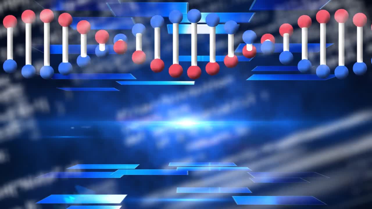 검은 바탕에 있는 파란 사각형 위에 있는 dna 가닥의 애니메이션과 데이터 처리