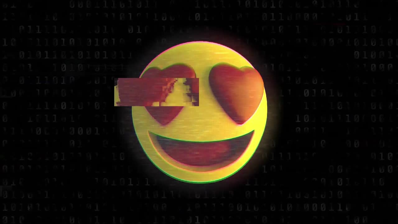 animación de los medios sociales con un icono de emoji sonriente con corazones rojos ojos sobre fondo negro